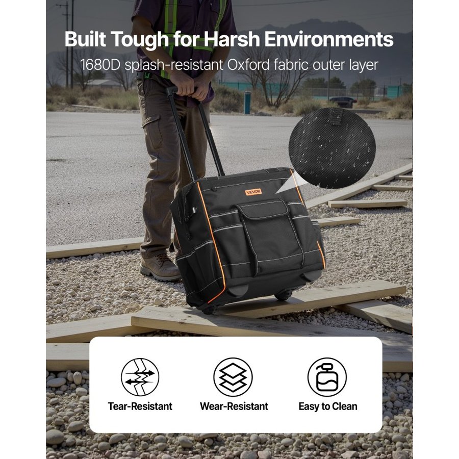 VEVOR Rolling Tool Bag, 110 lbs Load Capacity, 25 Pockets Heavy Duty Roller Tool Bag on Wheels, Adjustable Telescoping Handle & Stable Base, Toolbag Organizers with Wheels for Construction, Mechanic