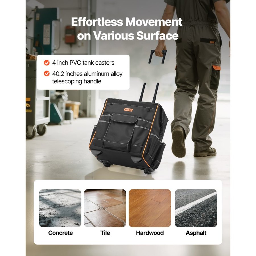 VEVOR Rolling Tool Bag, 110 lbs Load Capacity, 25 Pockets Heavy Duty Roller Tool Bag on Wheels, Adjustable Telescoping Handle & Stable Base, Toolbag Organizers with Wheels for Construction, Mechanic