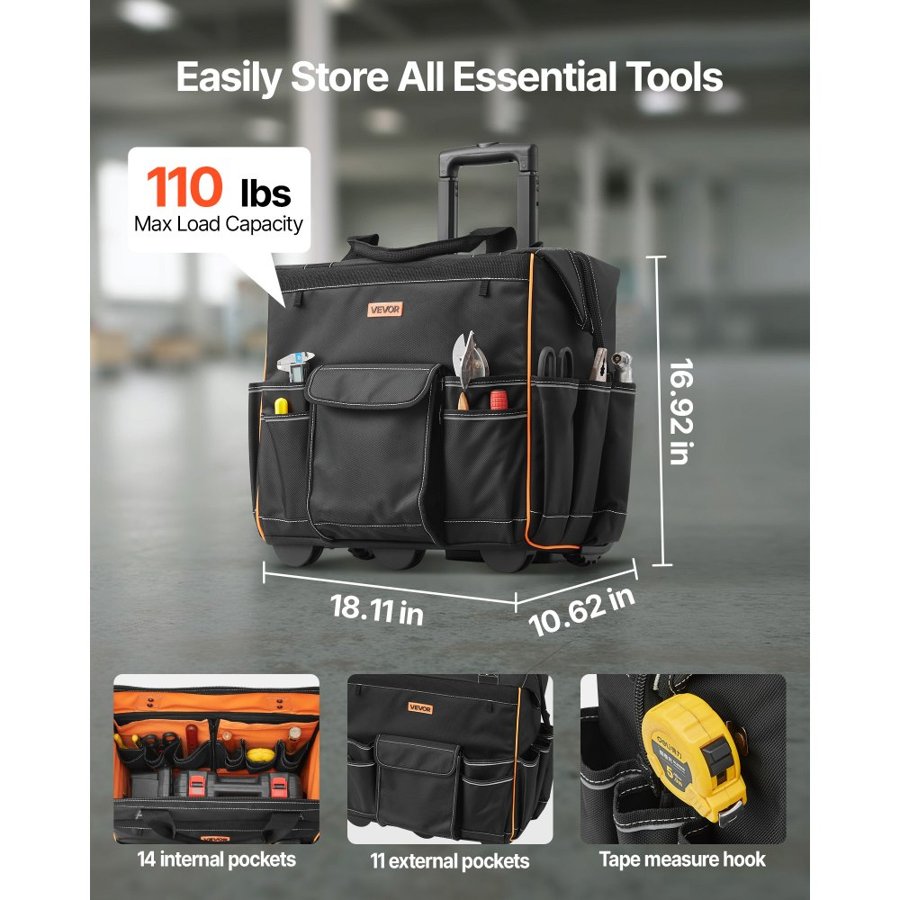 VEVOR Heavy Duty Rolling Tool Bag with Wheels – 110 lbs