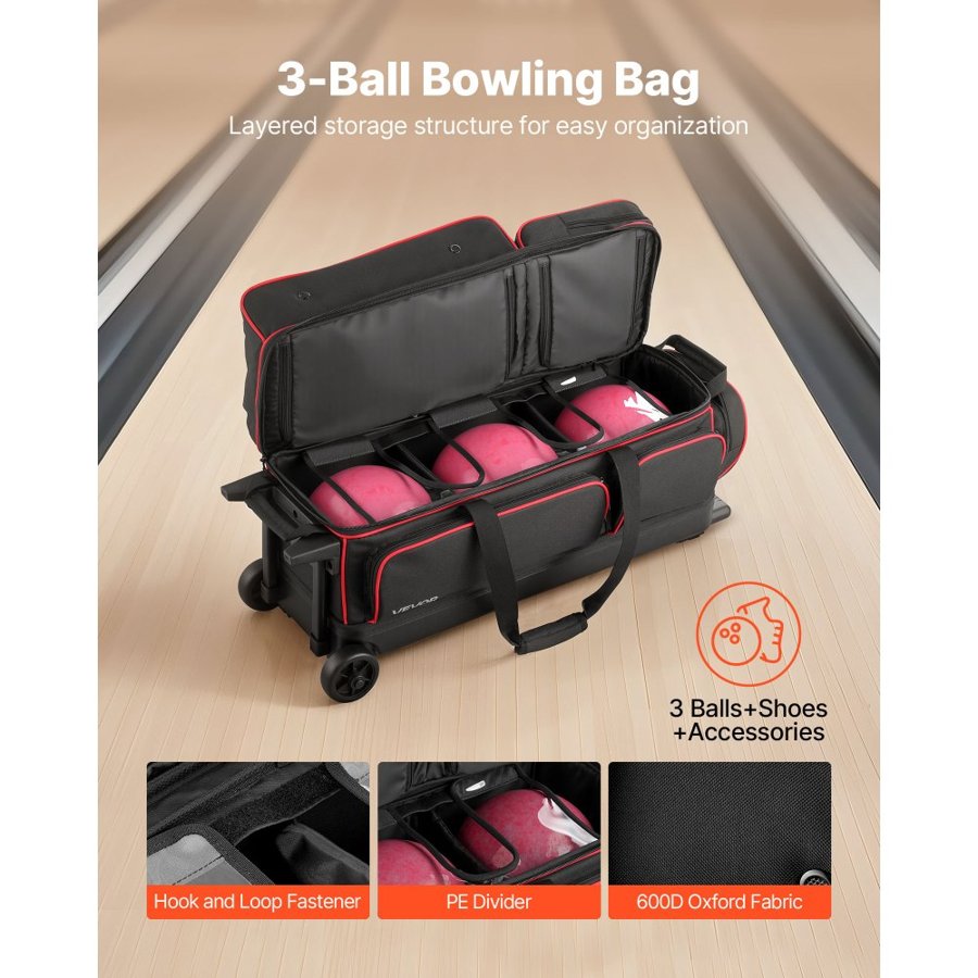 VEVOR Bowling Ball Bag, 3 Ball Double Roller Bowling Bag with Wheels, Featuring a Separate Compartment for Shoes (Up To US Size 16) & Oversized Accessory Pocket, Retractable Handle Extends to 1050 mm