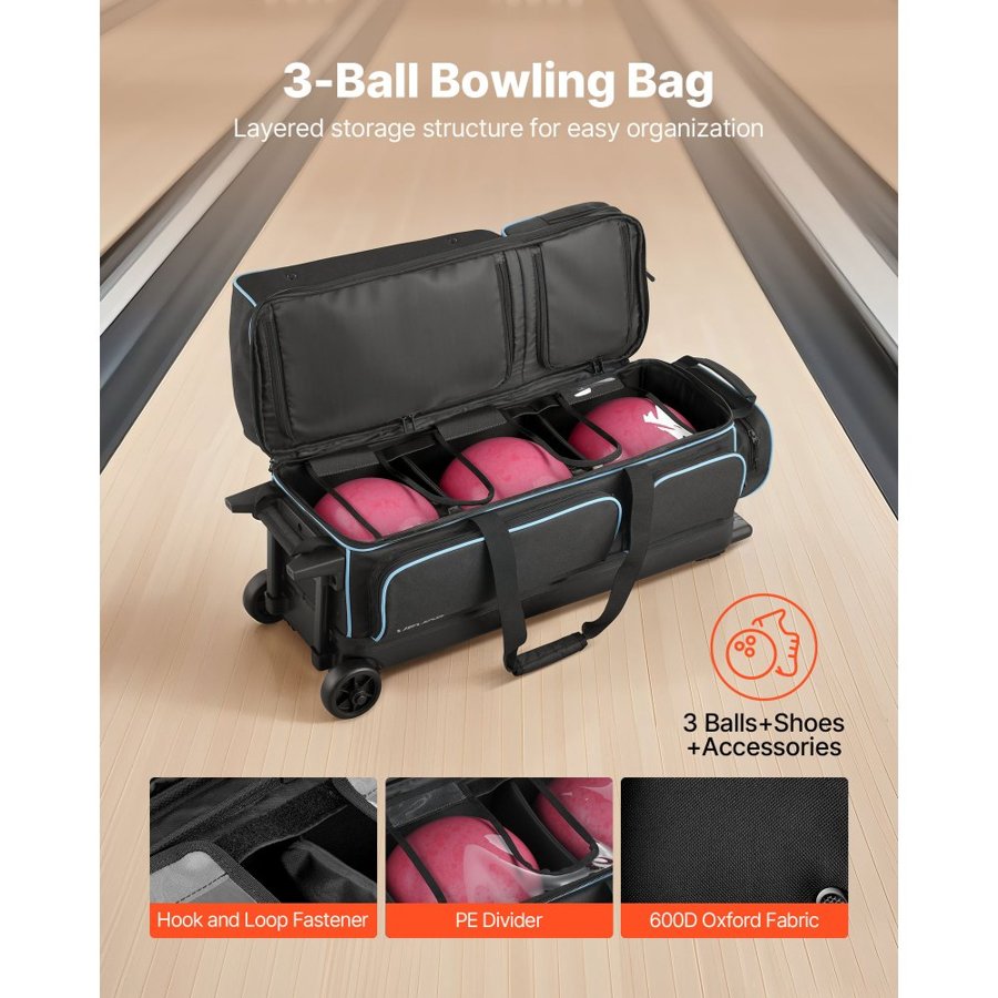 VEVOR Bowling Ball Bag, 3 Ball Double Roller Bowling Bag with Wheels, Featuring a Separate Compartment for Shoes (Up To US Size 16) & Oversized Accessory Pocket, Retractable Handle Extends to 1050 mm