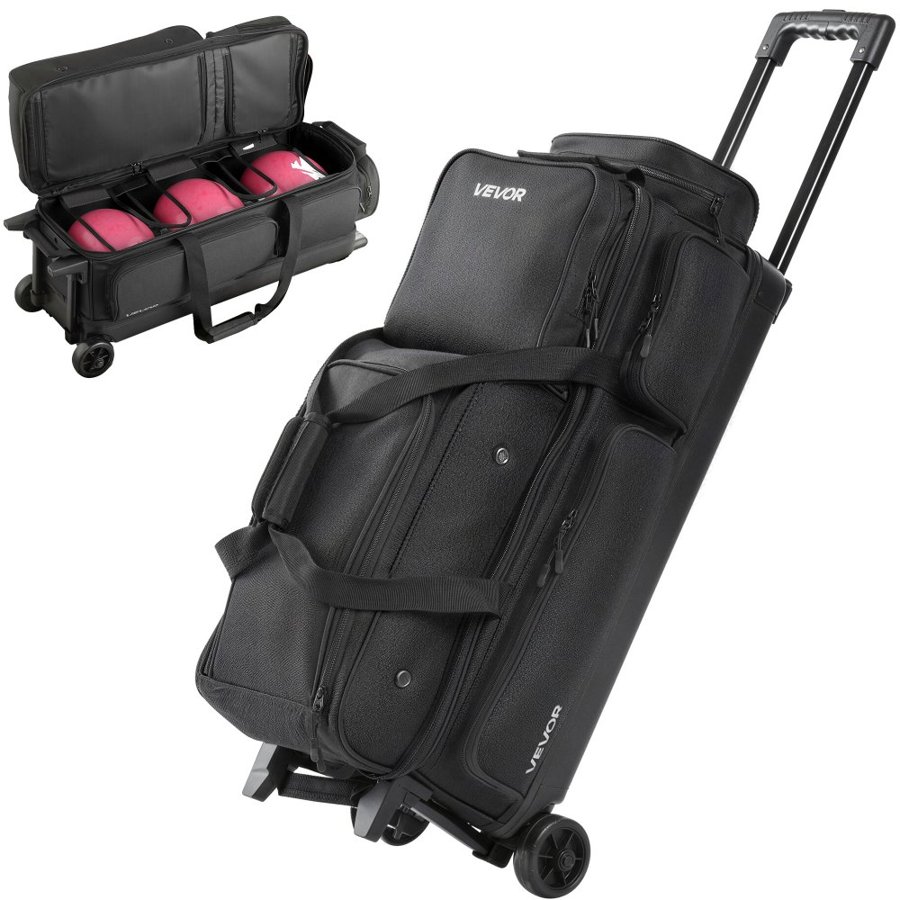 VEVOR Bowling Ball Bag, 3 Ball Double Roller Bowling Bag with Wheels, Featuring a Separate Compartment for Shoes (Up To US Size 16) & Oversized Accessory Pocket, Retractable Handle Extends to 1050 mm