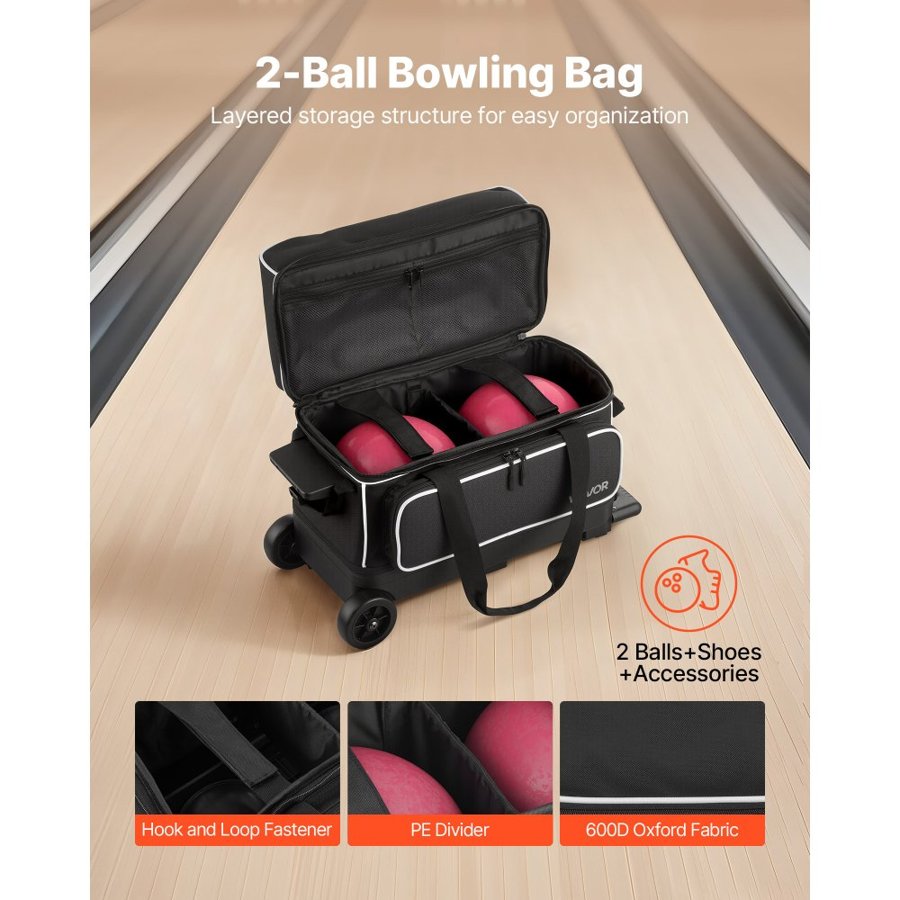 VEVOR 2 Ball Bowling Bag with Padded Holders & Shoe Pocket