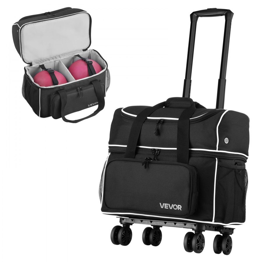 VEVOR Bowling Ball Bag, 2 Ball Four Roller Bowling Bag with Wheels, Featuring a Separate Compartment for Shoes (Up To US Size 16) & Oversized Accessory Pocket, Retractable Handle Extends to 950 mm
