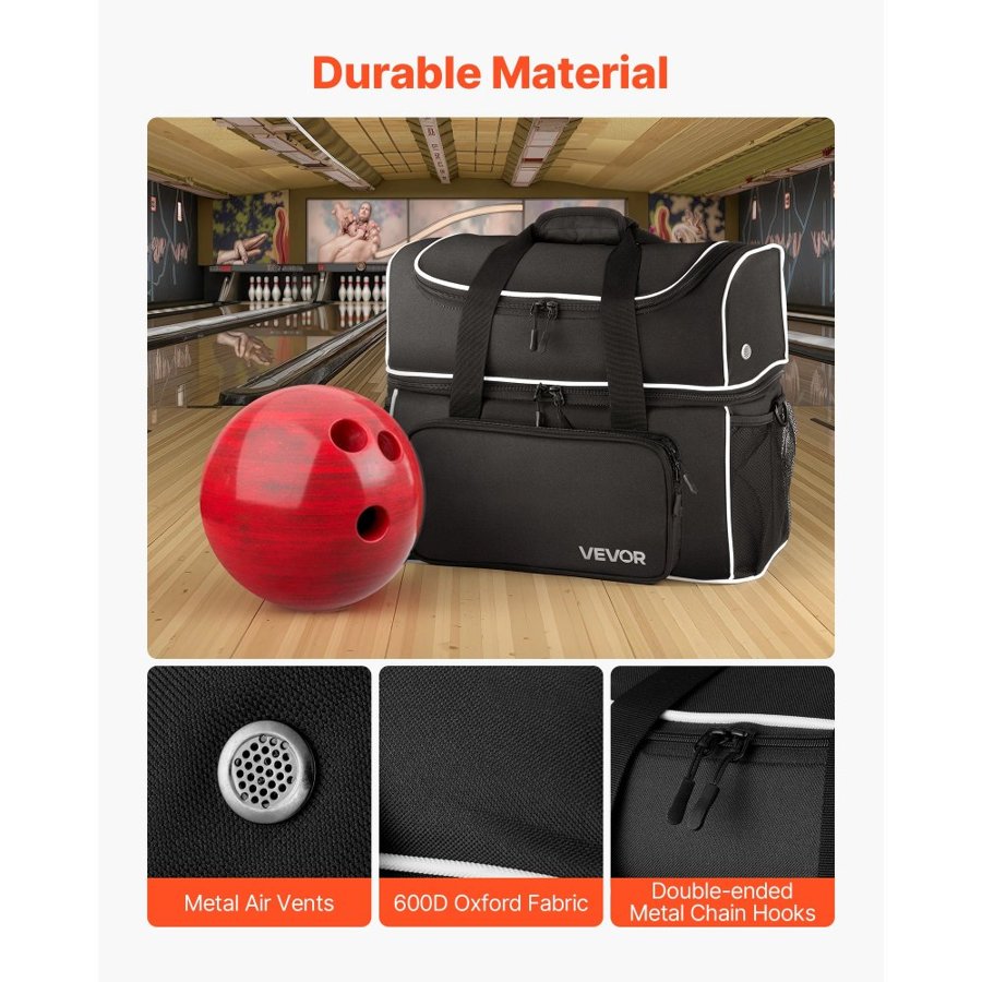 VEVOR Bowling Ball Bag, 2 Ball Four Roller Bowling Bag with Wheels, Featuring a Separate Compartment for Shoes (Up To US Size 16) & Oversized Accessory Pocket, Retractable Handle Extends to 950 mm
