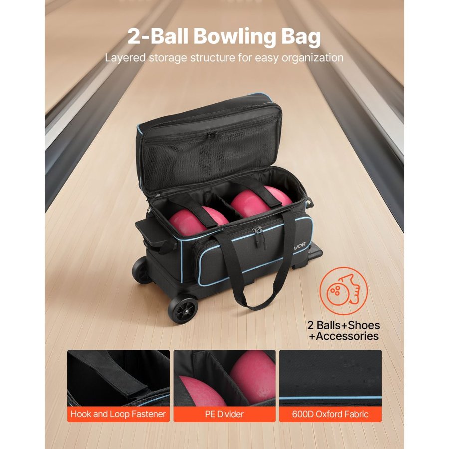 VEVOR Bowling Ball Bag, 2 Ball Double Roller Bowling Bag with Wheels, Featuring a Separate Compartment for Shoes (Up To US Size 16) & Oversized Accessory Pocket, Retractable Handle Extends to 1050 mm