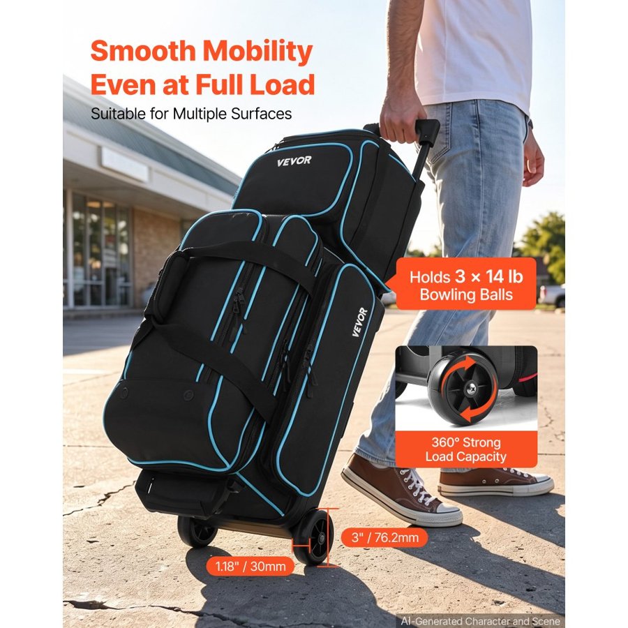 VEVOR 3 Ball Bowling Bag Double Roller Bag with Separate Shoe Compartment, for Bowling Shoes (Up To US Men Size 16), Rolling Ball Bag w/ Wheel, Accessory Pocket, Retractable Handle Extends to 40 in