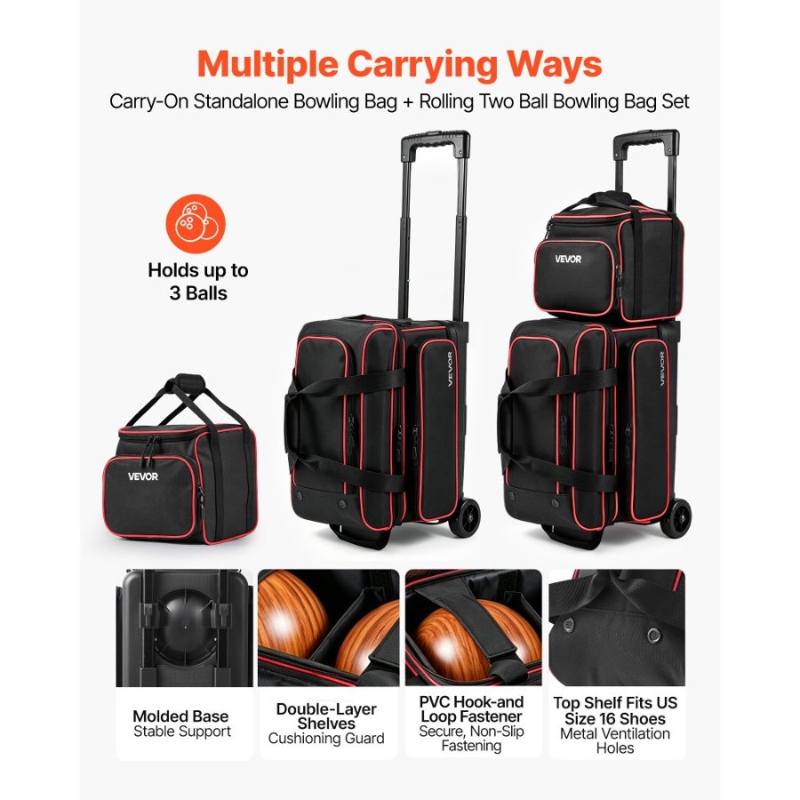 VEVOR 3 Ball Bowling Bag Double Roller Bag with Separate Shoe Compartment, for Bowling Shoes (Up To US Men Size 16), Rolling Ball Bag w/ Wheel, Accessory Pocket, Retractable Handle Extends to 40 in