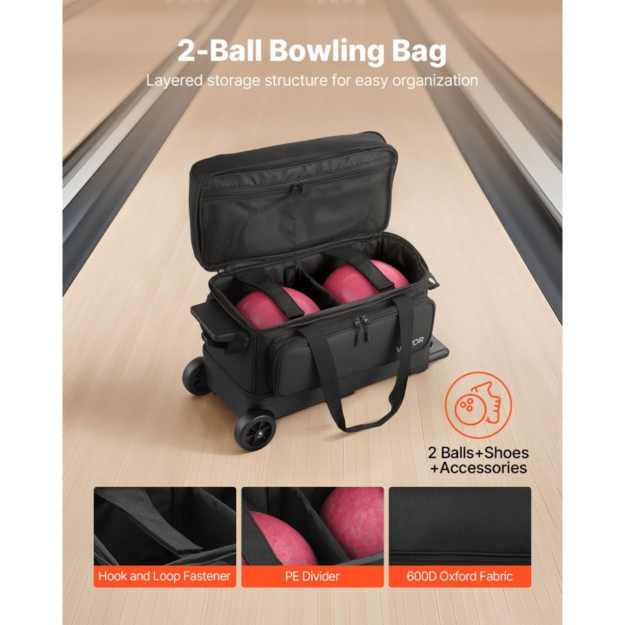 VEVOR Bowling Ball Bag, 2 Ball Double Roller Bowling Bag with Wheels, Featuring a Separate Compartment for Shoes (Up To US Size 16) & Oversized Accessory Pocket, Retractable Handle Extends to 1050 mm