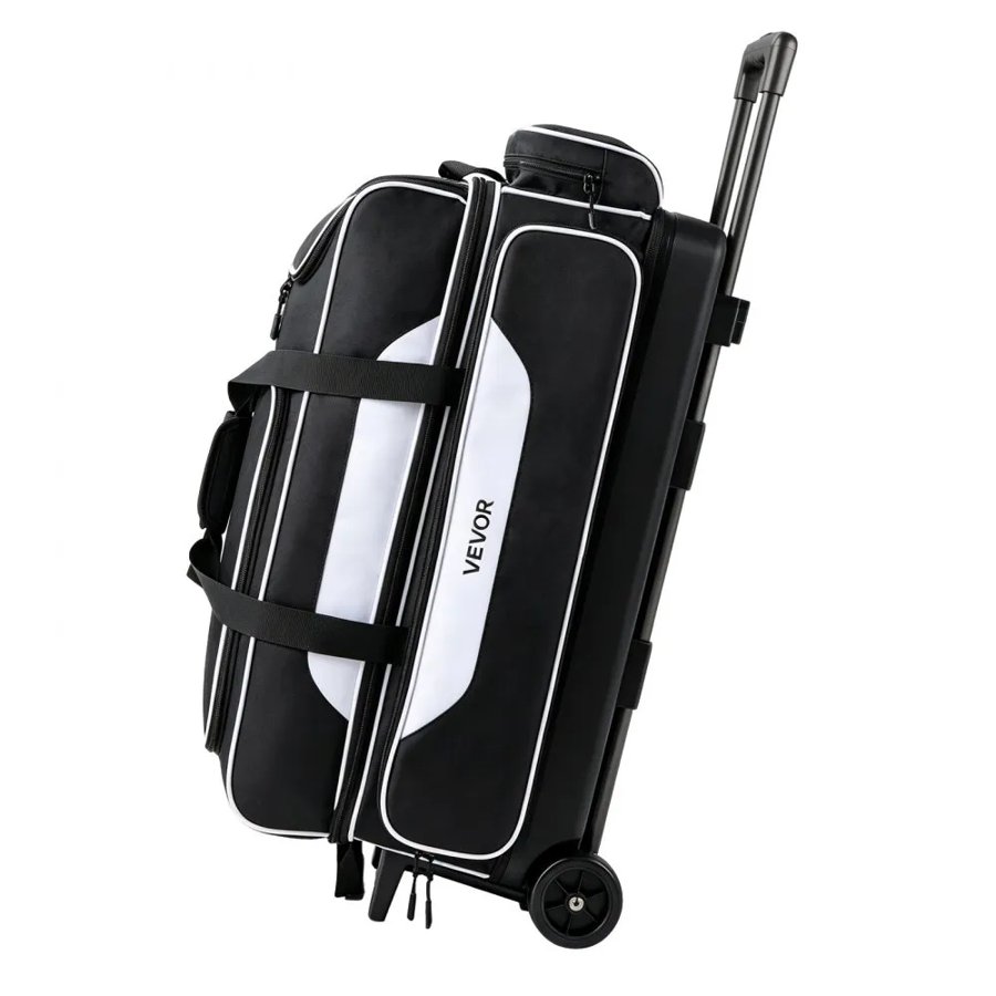VEVOR 3 Ball Bowling Bag Double Roller Bag with Separate Shoe Compartment, for Bowling Shoes (Up To US Men Size 16), Rolling Ball Bag w/ Wheel, Accessory Pocket, Retractable Handle Extends to 40 in