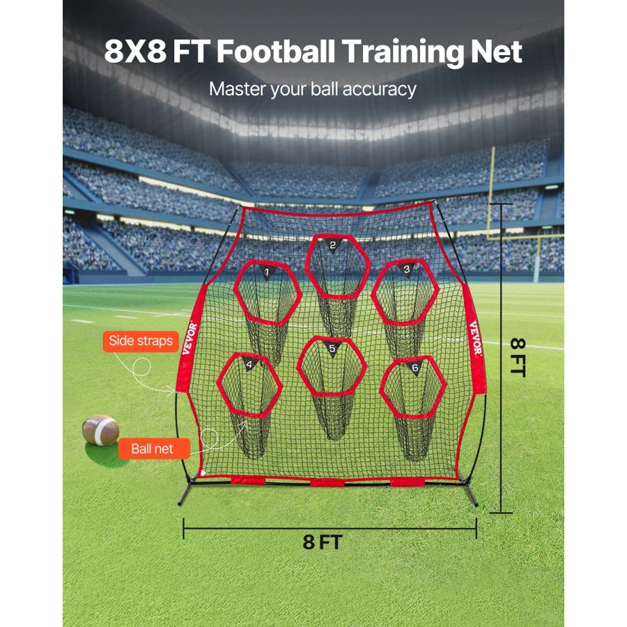 VEVOR Football Throwing Net – 8x8 ft QB Trainer, 6 Pockets