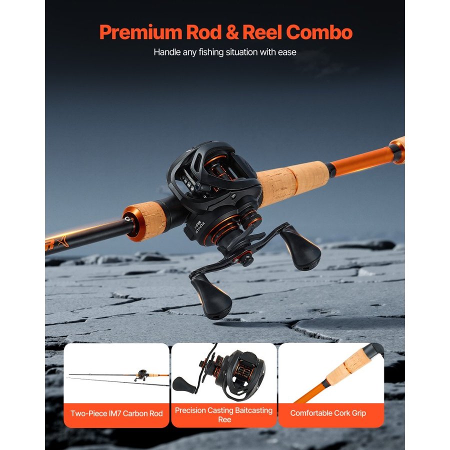 VEVOR Rod and Fishing Reel Combo, IM7 Carbon Fiber Baitcasting Rod and Reel Combo, Bass Fishing Pole with 7+1 BB System, 7.0:1 Gear Ratio, Cork Handle, Stainless Steel Guides with Ceramic Rings