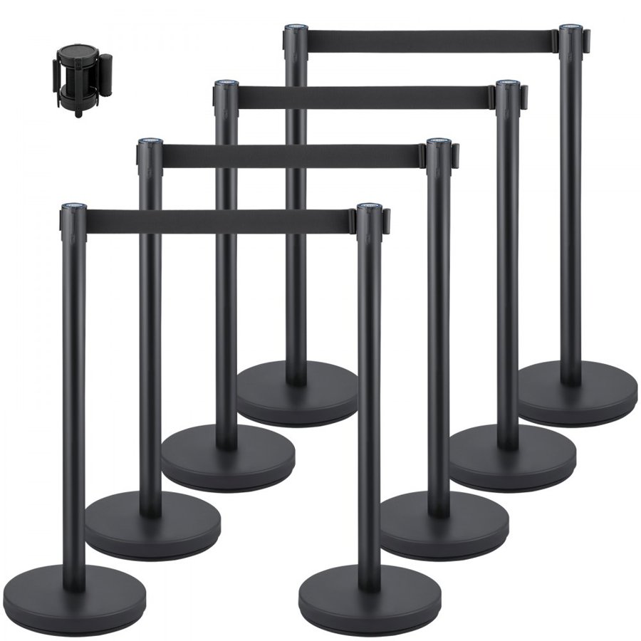 VEVOR Crowd Control Stanchion, 8 Pieces Stanchion Set, with 6.6 ft/2 m Black Retractable Belt, Black Crowd Control Barrier with Concrete and Metal Base, Easy Connect Assembly