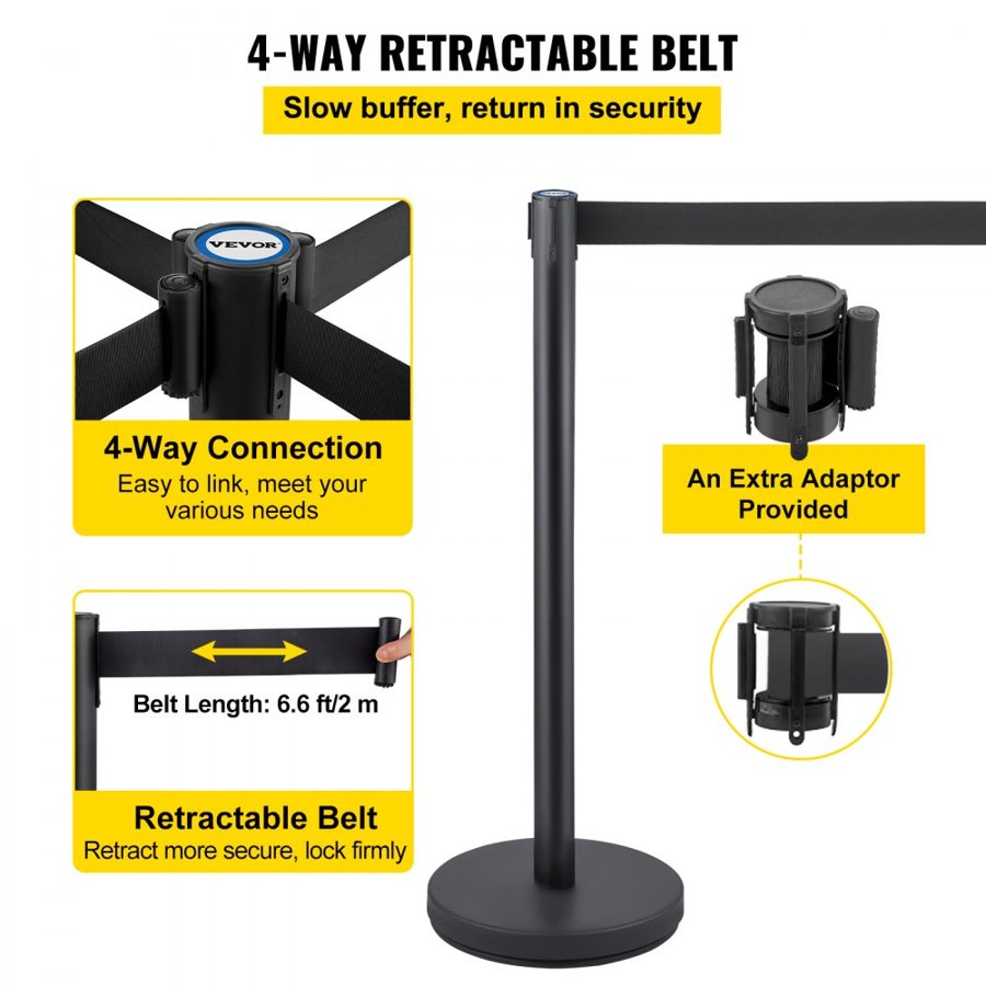 VEVOR Crowd Control Stanchion, 8 Pieces Stanchion Set, with 6.6 ft/2 m Black Retractable Belt, Black Crowd Control Barrier with Concrete and Metal Base, Easy Connect Assembly
