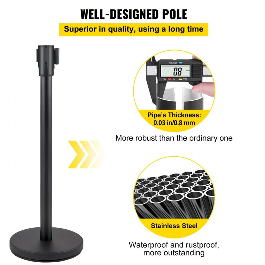VEVOR Crowd Control Stanchion, Set of 4 Pieces Stanchion Set, Stanchion Set with 6.6 ft/2 m Black Retractable Belt, Black Crowd Control Barrier with Concrete and Metal Base - Easy Connect Assembly