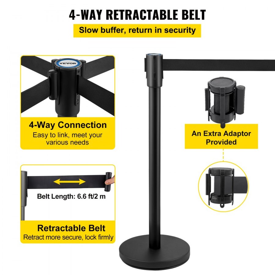 VEVOR Crowd Control Stanchion, Set of 4 Pieces Stanchion Set, Stanchion Set with 6.6 ft/2 m Black Retractable Belt, Black Crowd Control Barrier with Concrete and Metal Base - Easy Connect Assembly