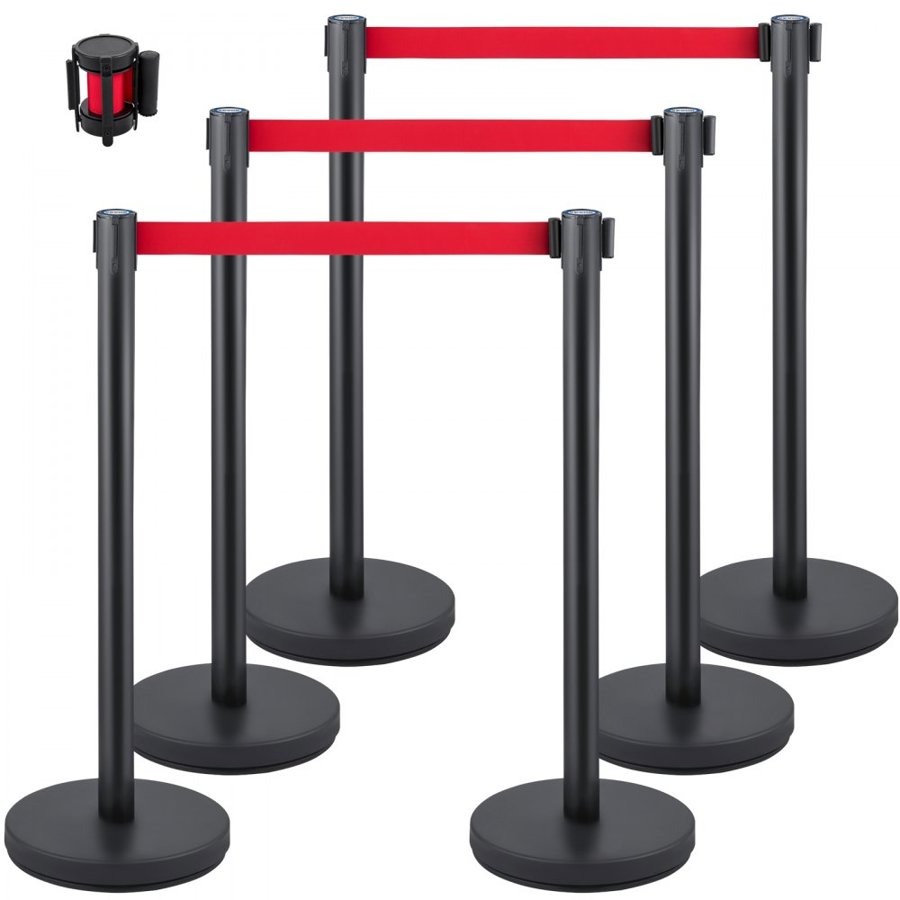 VEVOR Crowd Control Stanchion, Set of 6 Pieces Stanchion Set, Stanchion Set with 6.6 ft/2 m Red Retractable Belt, Black Crowd Control Barrier with Rubber Base – Easy Connect Assembly for Crowd Control