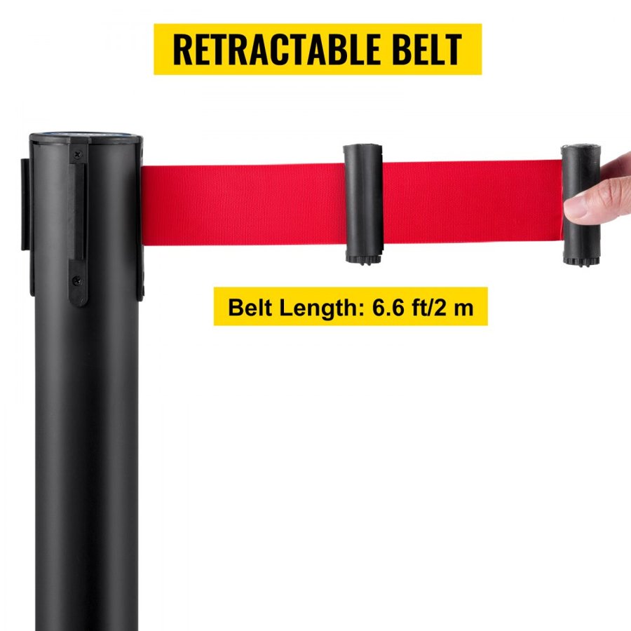 VEVOR Crowd Control Stanchion, Set of 6 Pieces Stanchion Set, Stanchion Set with 6.6 ft/2 m Red Retractable Belt, Black Crowd Control Barrier with Rubber Base – Easy Connect Assembly for Crowd Control
