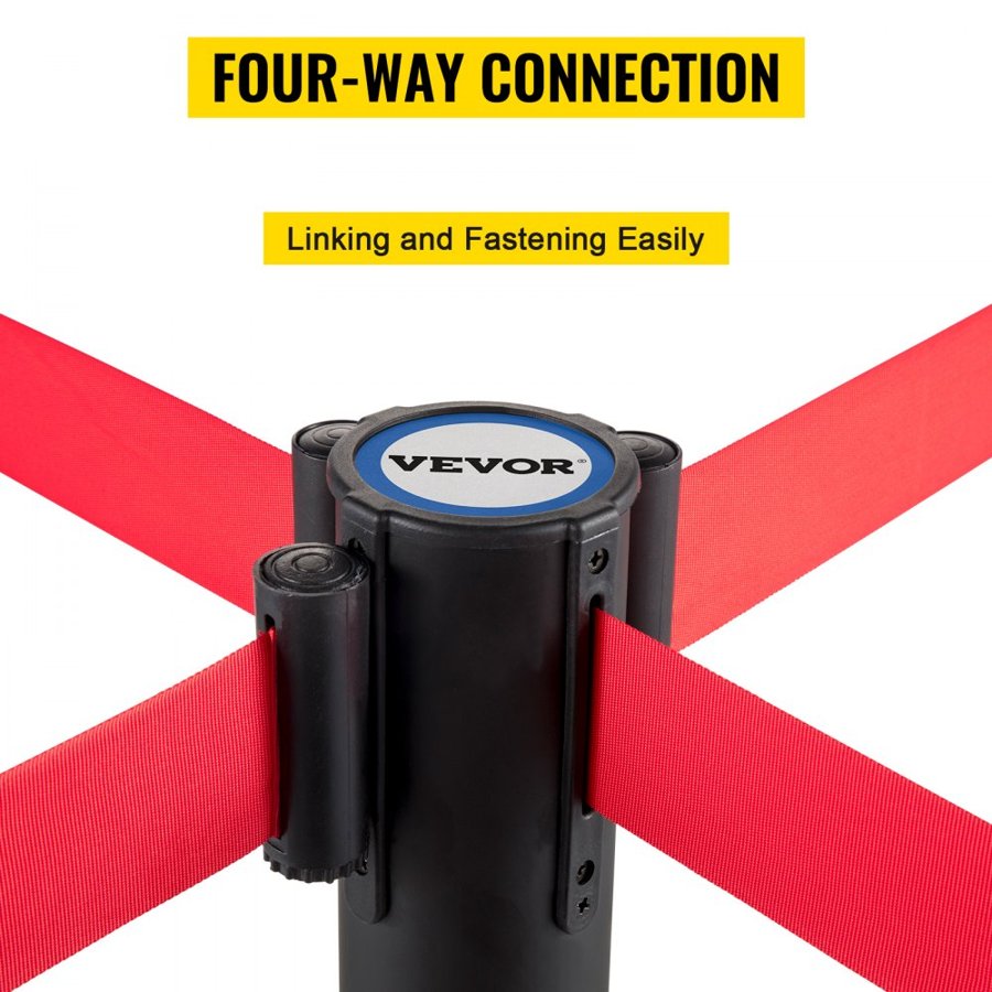 VEVOR Crowd Control Stanchion, Set of 6 Pieces Stanchion Set, Stanchion Set with 6.6 ft/2 m Red Retractable Belt, Black Crowd Control Barrier with Rubber Base – Easy Connect Assembly for Crowd Control