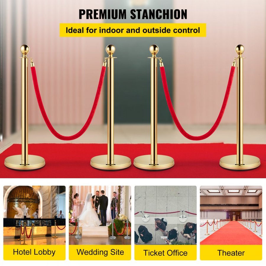 VEVOR Set of 2 Gold Round Top Queue Control Barrier Posts Stands Security Stanchion Rope Divider with 1.5M Red Rope Crowd Control Barrier Gold Round top Column
