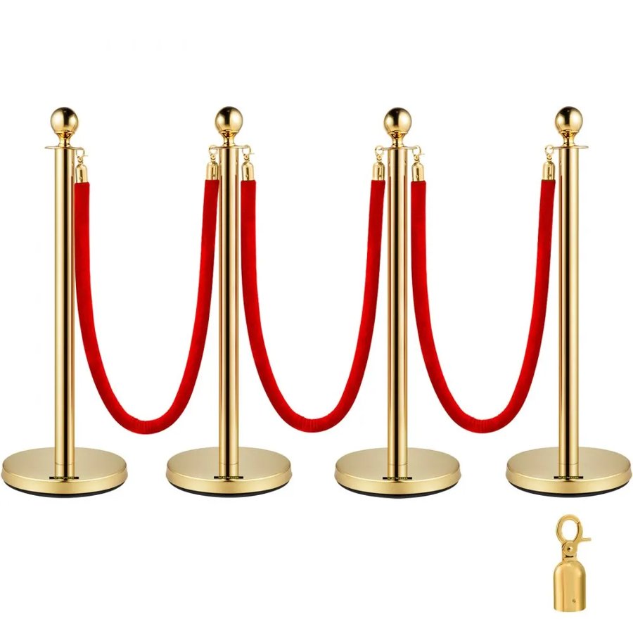 VEVOR Set of 2 Gold Round Top Queue Control Barrier Posts Stands Security Stanchion Rope Divider Stainless Steel with 1.5M Red 3 Velvet Rope 4 Pack