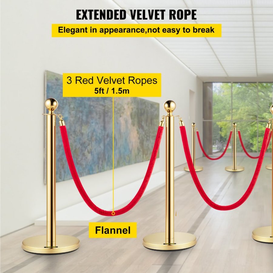 VEVOR Set of 2 Gold Round Top Queue Control Barrier Posts Stands Security Stanchion Rope Divider Stainless Steel with 1.5M Red 3 Velvet Rope 4 Pack