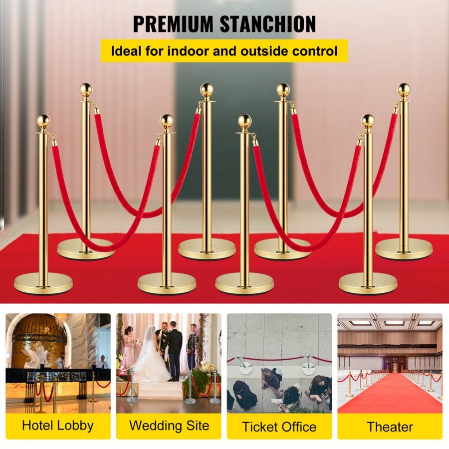 VEVOR Crowd Control Stanchion, Set of 8 Pieces Stanchion Set, Stanchion Set with 5 ft/1.5 m Red Velvet Rope, Gold Crowd Control Barrier with Sturdy Concrete and Metal Base – Easy Connect Assembly