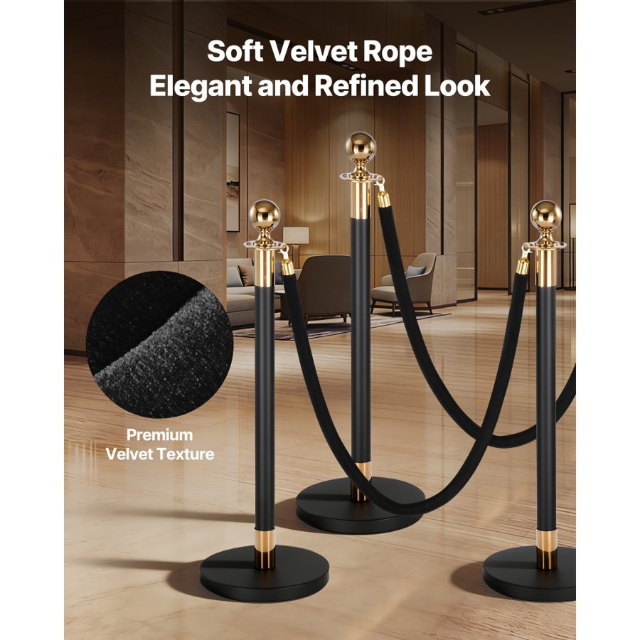 VEVOR Black Velvet Ropes – 1.5 m, 2 Pcs, Gold Hooks