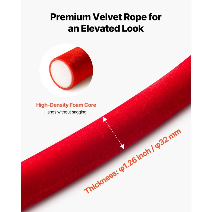VEVOR Red Carpet Barrier Rope – 1.5 m, Velvet, Silver Hooks