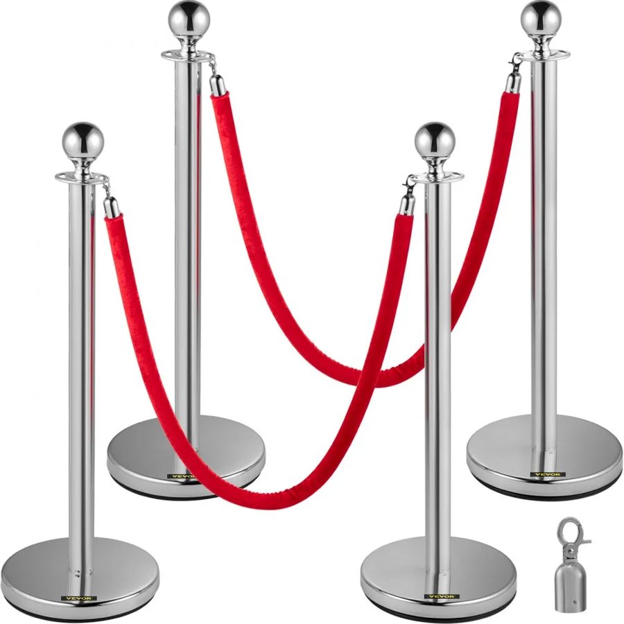 VEVOR Retractable Silver Round Top Queue Control Barrier Posts Stands Security Stanchion Rope Divider with 1.5M Red Rope Crowd Control Barrier Silver Round top Column
