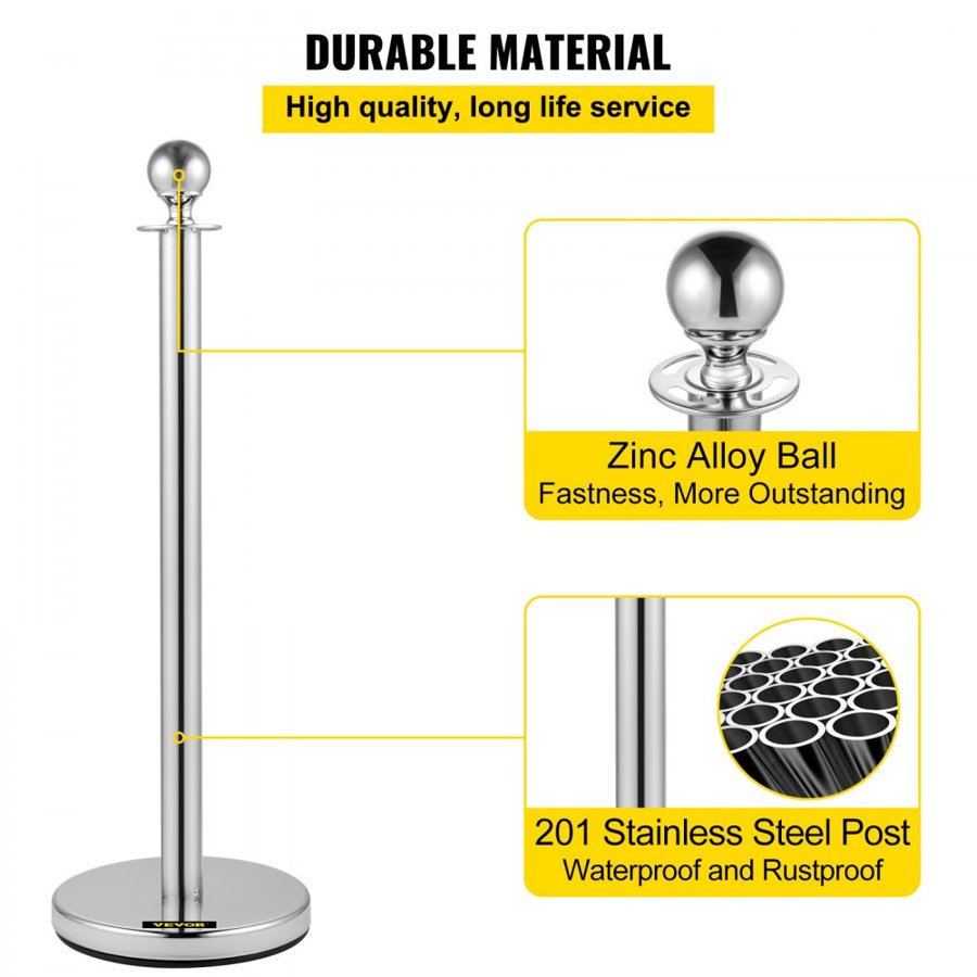 VEVOR Retractable Silver Round Top Queue Control Barrier Posts Stands Security Stanchion Rope Divider with 1.5M Red Rope Crowd Control Barrier Silver Round top Column