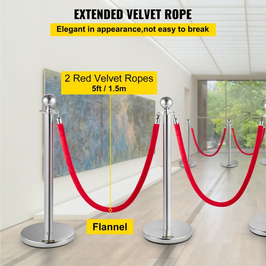 VEVOR Retractable Silver Round Top Queue Control Barrier Posts Stands Security Stanchion Rope Divider with 1.5M Red Rope Crowd Control Barrier Silver Round top Column