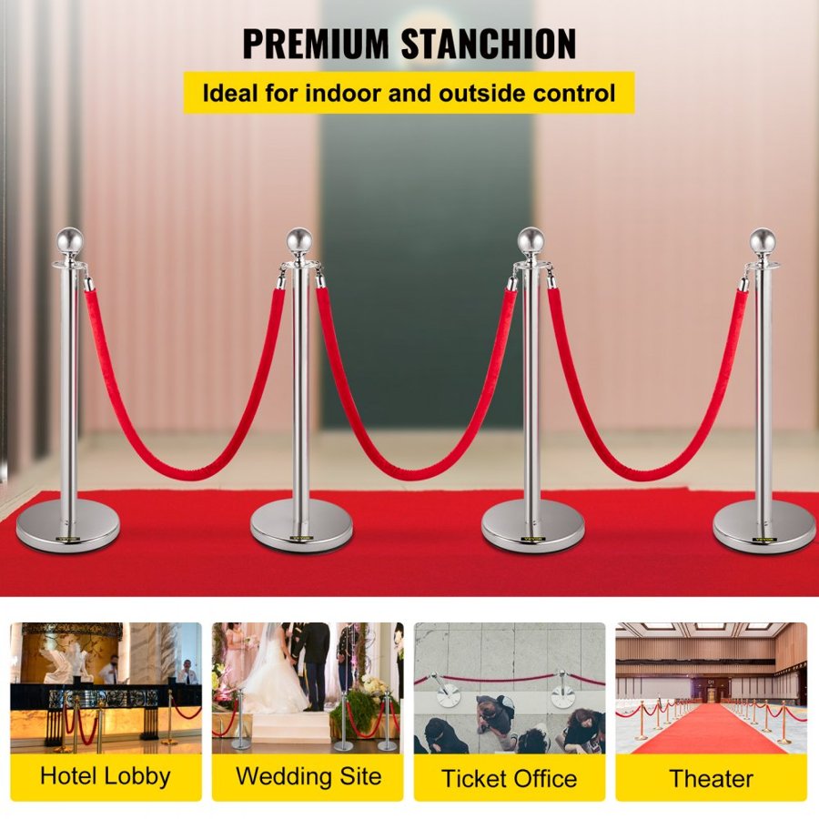 VEVOR 4 Pack Retractable Silver Round Top Stanchion Post Queue Crowd Control Barrier Posts Line Pole with 1.5M Red 2 Velvet Rope