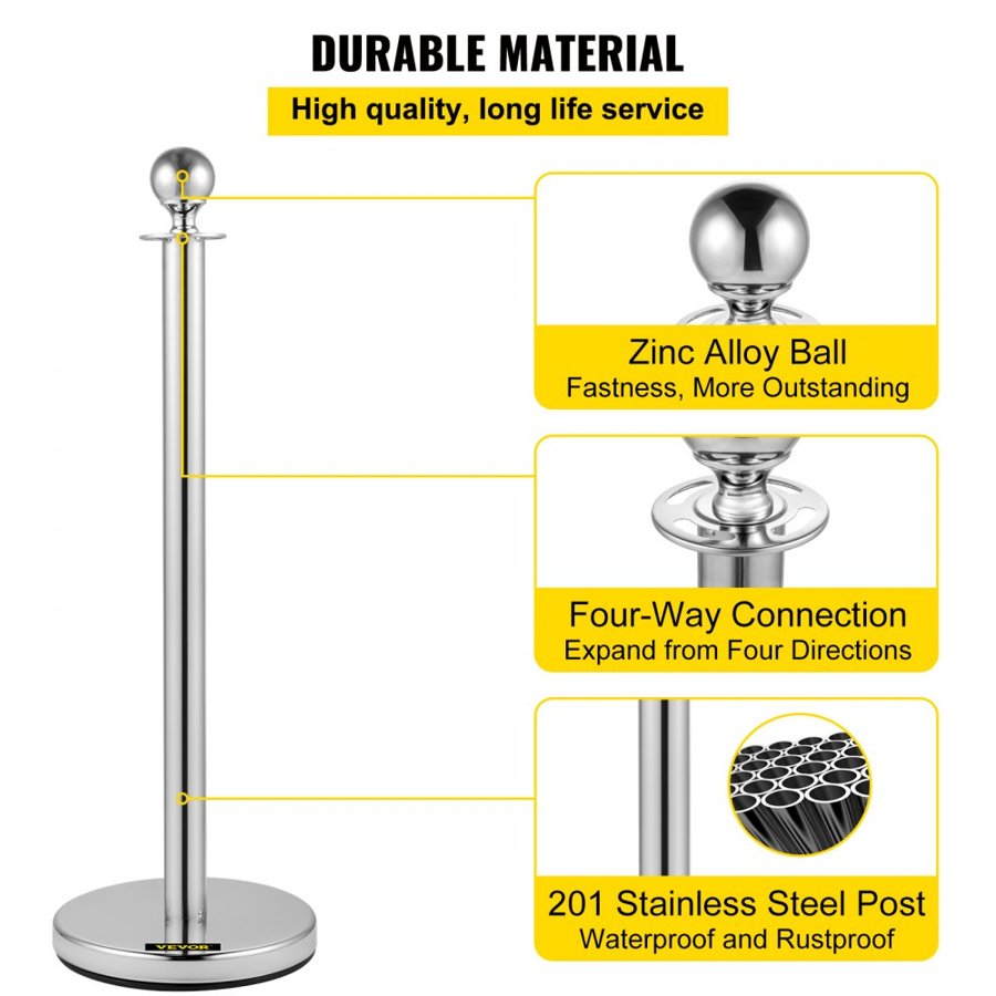 VEVOR Crowd Control Stanchion, Set of 8 Pieces Stanchion Set, Stanchion Set with 5 ft/1.5 m Red Velvet Rope, Silver Crowd Control Barrier with Sturdy Concrete and Metal Base – Easy Connect Assembly
