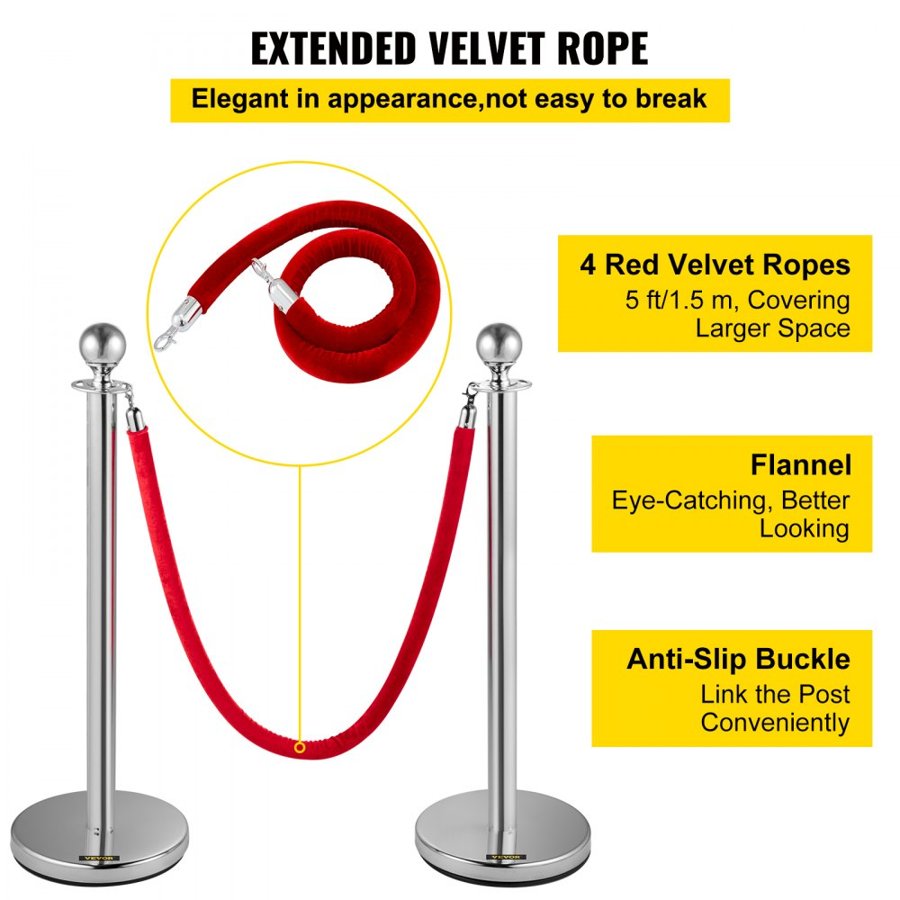 VEVOR Crowd Control Stanchion, Set of 8 Pieces Stanchion Set, Stanchion Set with 5 ft/1.5 m Red Velvet Rope, Silver Crowd Control Barrier with Sturdy Concrete and Metal Base – Easy Connect Assembly