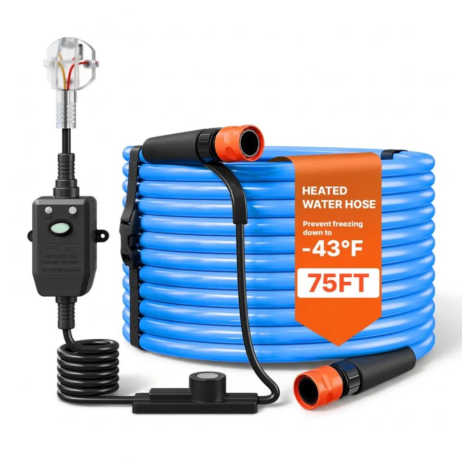 VEVOR 22.8m Heated Water Hose for RV 43℃ Anti Freeze Drinking Water Hose, 12.7 mm ID, Smooth Surface, with Leakage Protection GFCI, Built-in Thermostat, Freeze & Leak-Proof, Lead and BPA Free for RVs