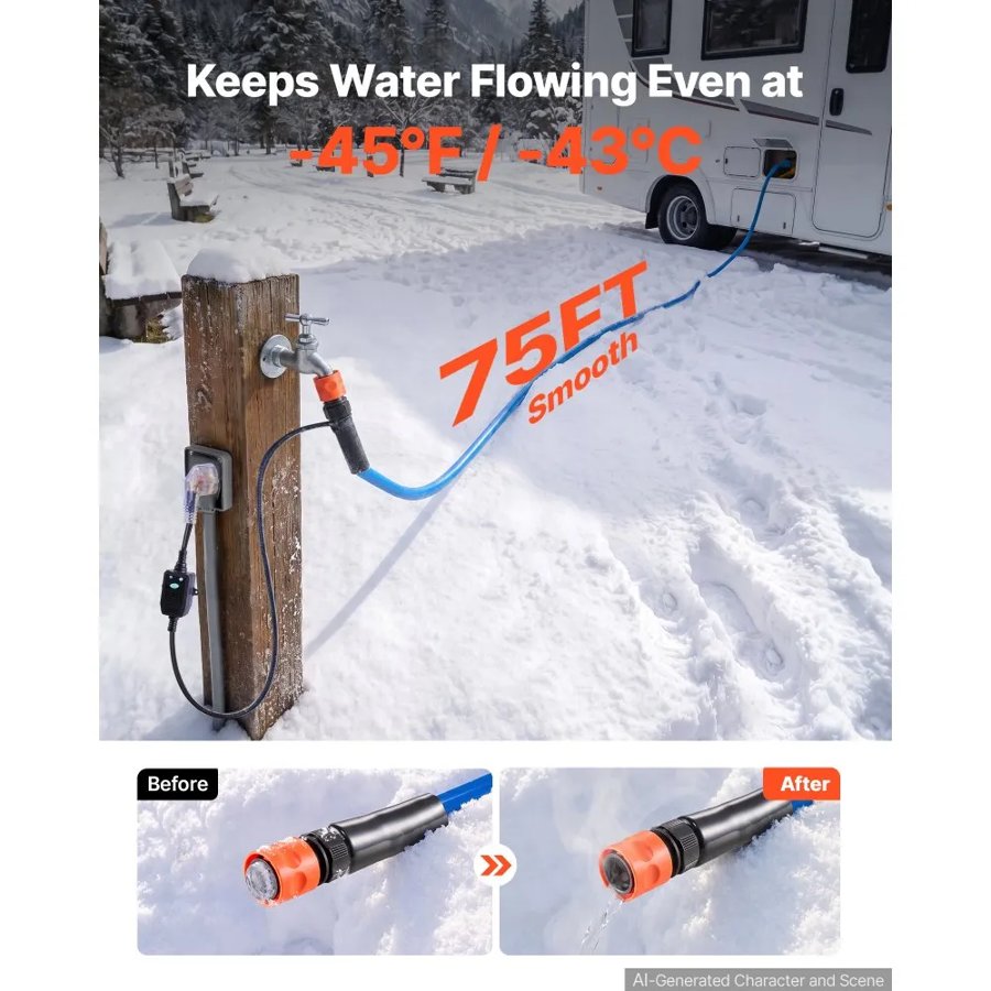 VEVOR 22.8m Heated Water Hose for RV 43℃ Anti Freeze Drinking Water Hose, 12.7 mm ID, Smooth Surface, with Leakage Protection GFCI, Built-in Thermostat, Freeze & Leak-Proof, Lead and BPA Free for RVs