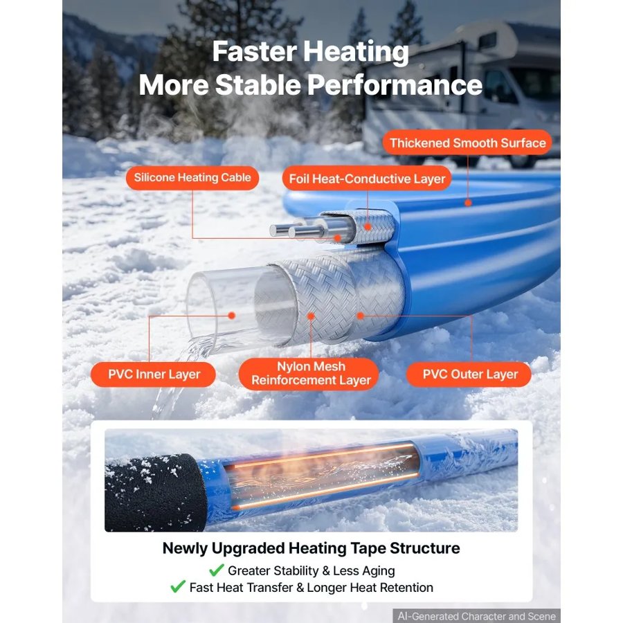 VEVOR 22.8m Heated Water Hose for RV 43℃ Anti Freeze Drinking Water Hose, 12.7 mm ID, Smooth Surface, with Leakage Protection GFCI, Built-in Thermostat, Freeze & Leak-Proof, Lead and BPA Free for RVs