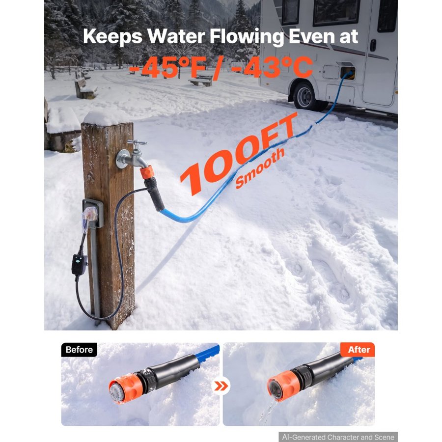 VEVOR 30.5m Heated Water Hose for RV -43℃ Anti Freeze Drinking Water Hose, 12.7 mm ID, Smooth Surface, with Leakage Protection GFCI, Built-in Thermostat, Freeze & Leak-Proof, Lead and BPA Free for RVs