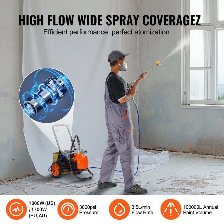VEVOR Diaphragm Airless Paint Sprayer, 1700 W Efficiency Cart Airless Paint Sprayer, 3000 psi High Pressure Paint Airless Sprayer, with Extension Bar, for Home Interior and Exterior Spraying