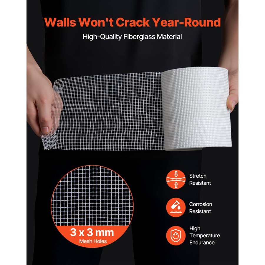 VEVOR Drywall Mesh Tape, 150mm W x 30m L Self-Adhesive Fiberglass Drywall Joint Tape, 12 Rolls Dry Wall Patch for Easy Sheetrock Ceiling Crack Repair, to Achieve Smooth Even Wall Surface