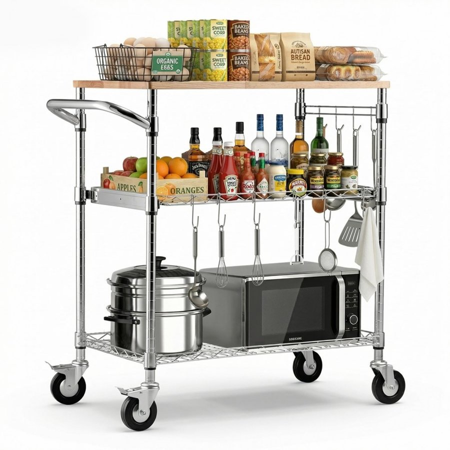 VEVOR Kitchen Utility Cart, 3 Tier Heavy Duty Adjustable Wire Storage Rack with Wood Tabletop and Handle Bar, Rolling Portable Service Trolley on Wheels, 300 kg Steel Work Table, 76x46x91 cm
