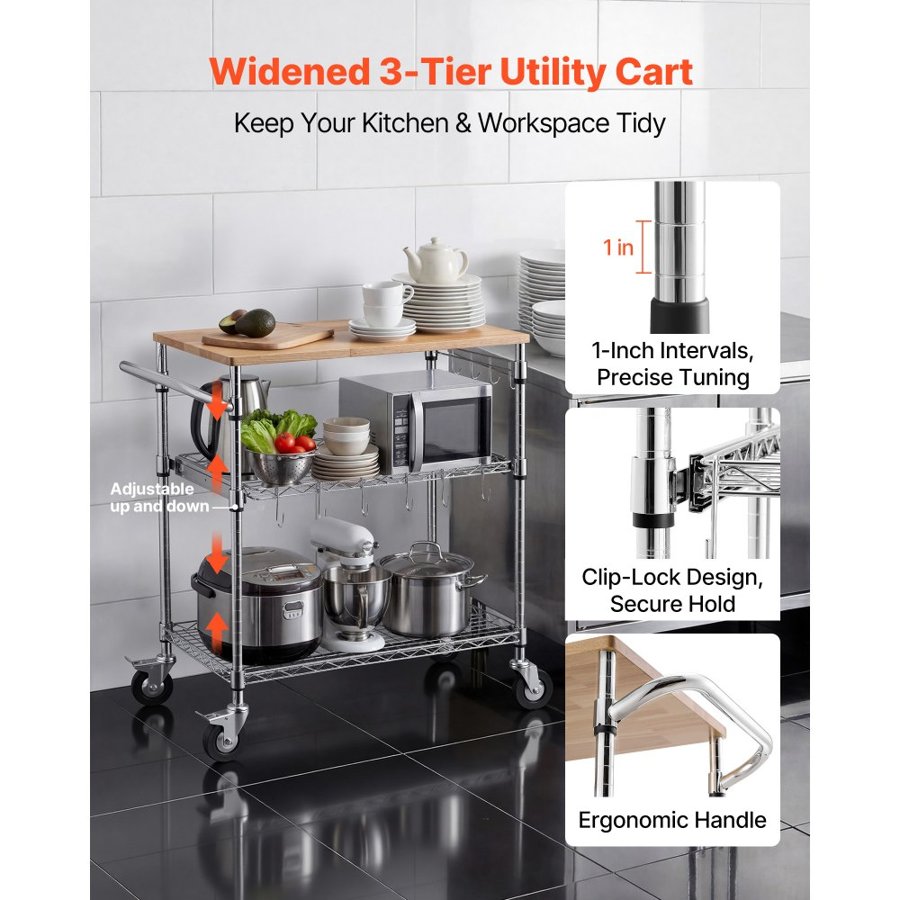 VEVOR Kitchen Utility Cart, 3 Tier Heavy Duty Adjustable Wire Storage Rack with Wood Tabletop and Handle Bar, Rolling Portable Service Trolley on Wheels, 300 kg Steel Work Table, 76x46x91 cm