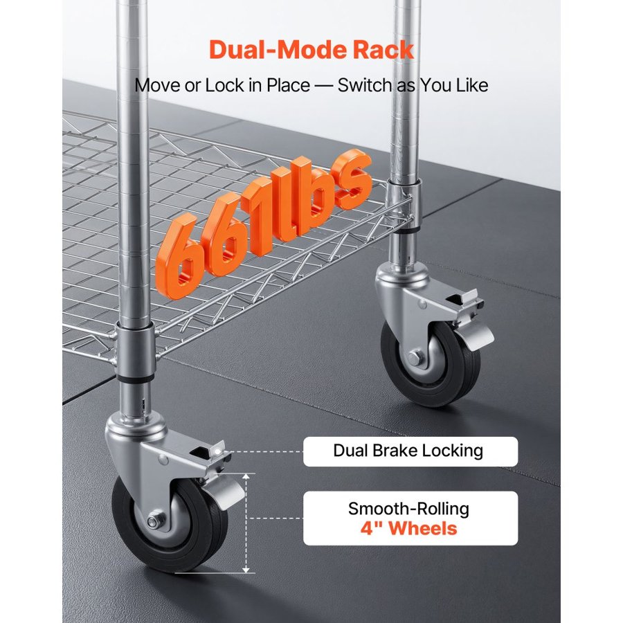 VEVOR Kitchen Utility Cart, 3 Tier Heavy Duty Adjustable Wire Storage Rack with Wood Tabletop and Handle Bar, Rolling Portable Service Trolley on Wheels, 300 kg Steel Work Table, 76x46x91 cm