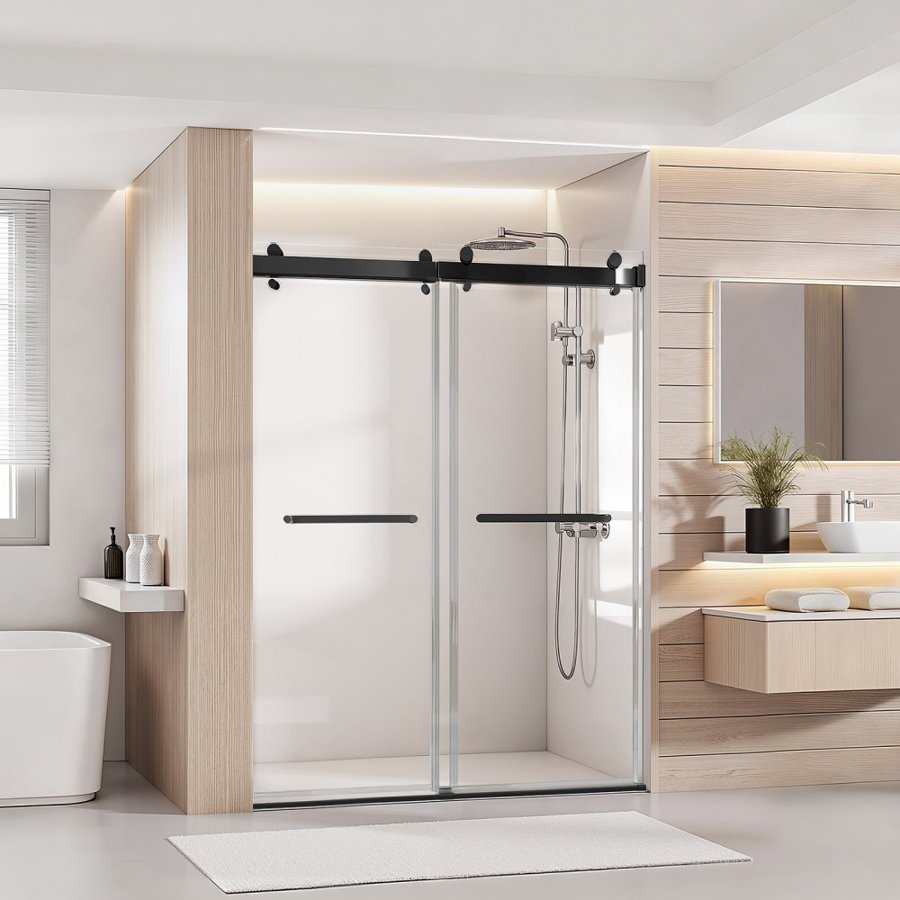VEVOR Frameless Shower Door, 1219 mm W x 1930mm H, Shower Sliding Glass Door with 10 mm Thick Clear Tempered Glass, Noiseless Shatterproof Nano Coating, with Rail, Seal Strip and Hardware Kit