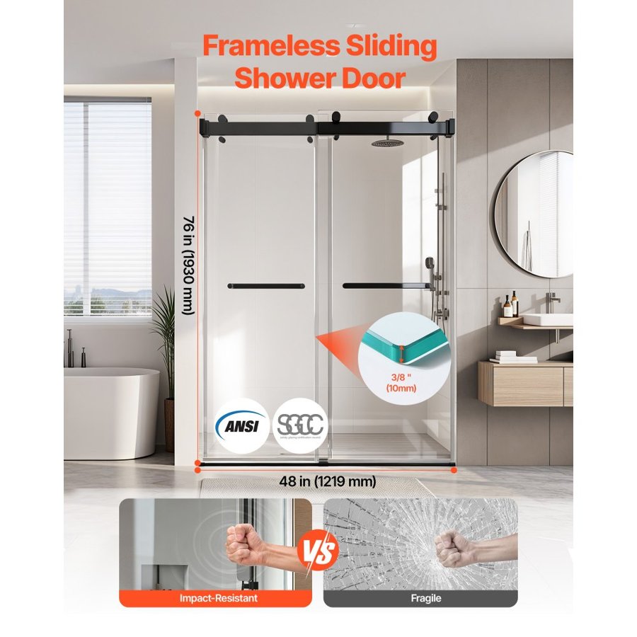 VEVOR Frameless Shower Door, 1219 mm W x 1930mm H, Shower Sliding Glass Door with 10 mm Thick Clear Tempered Glass, Noiseless Shatterproof Nano Coating, with Rail, Seal Strip and Hardware Kit