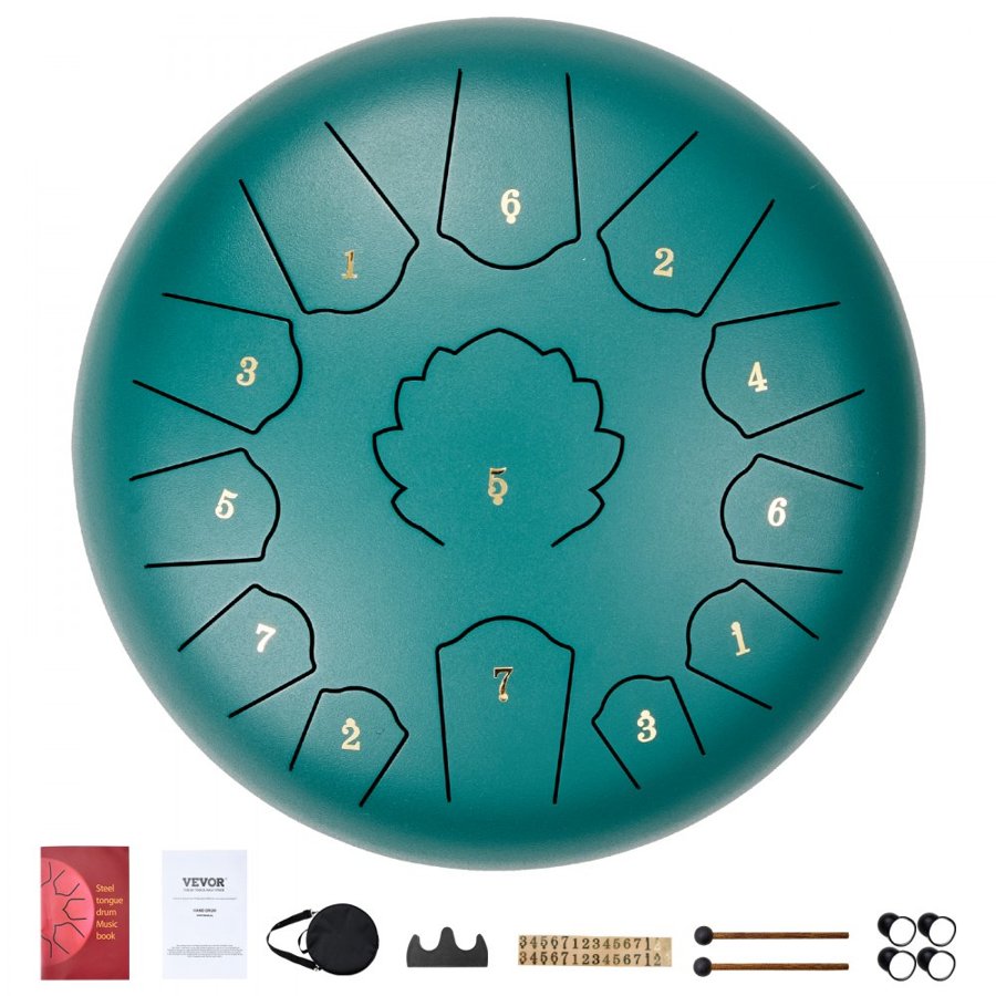 VEVOR Steel Tongue Drum, 12 in & 13 Notes, C Major Steel Drum for Outside Garden, with 2 Mallets & Carry Bag, Hand Pan Drum Percussion Instrument for Meditation Musical Education Yoga, Green
