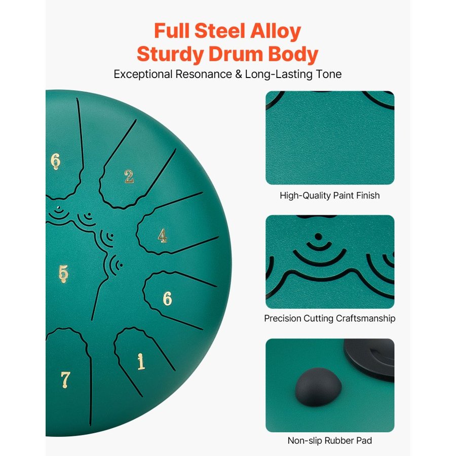 VEVOR Steel Tongue Drum, 25.4cm 11 Notes Rain Drum for Outside Garden, C Major Musical Drums with Music Book & Mallets, Percussion Instrument for Meditation Yoga Beginner Musical Education, Green