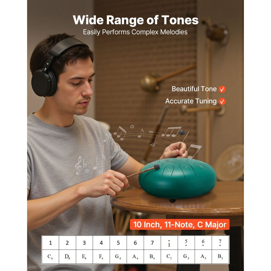 VEVOR Steel Tongue Drum, 25.4cm 11 Notes Rain Drum for Outside Garden, C Major Musical Drums with Music Book & Mallets, Percussion Instrument for Meditation Yoga Beginner Musical Education, Green