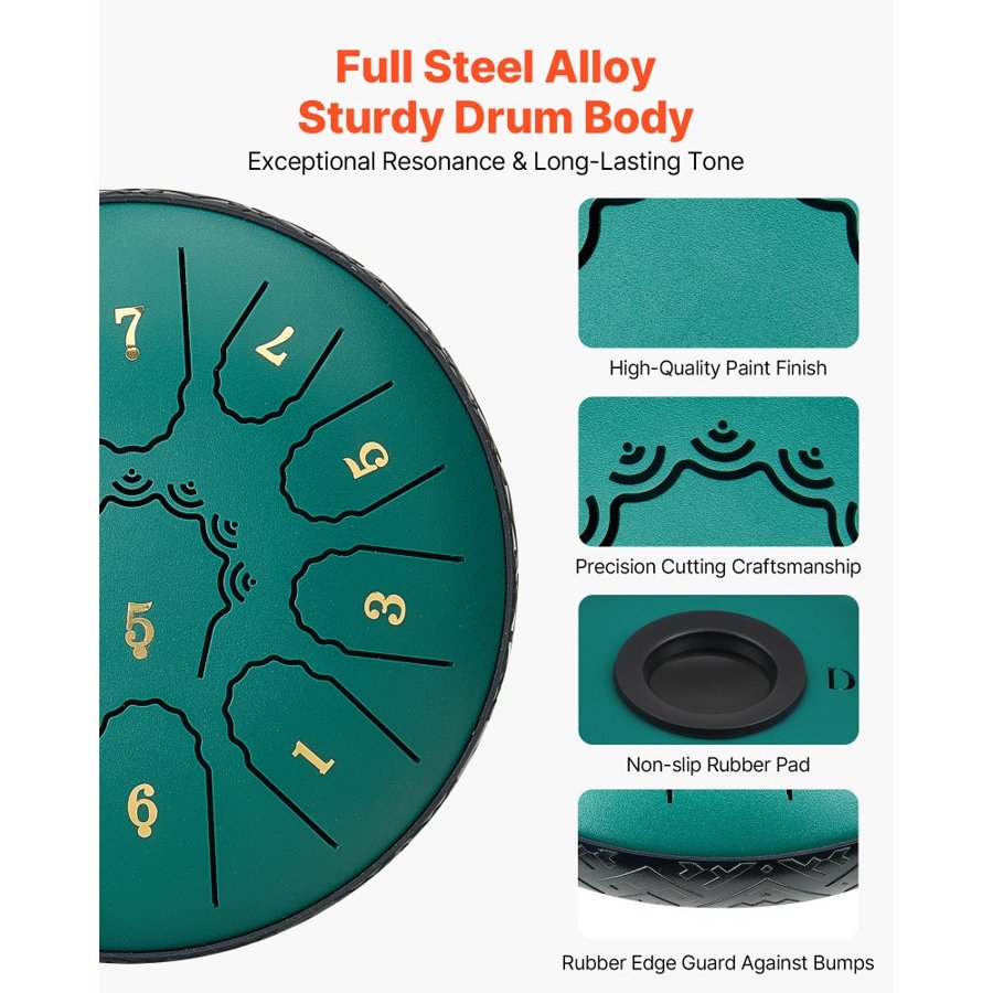 VEVOR Steel Tongue Drum, 16.5cm 11 Notes Rain Drum for Outside Garden, D Major Musical Drums with Music Book & Mallets, Percussion Instrument for Meditation Yoga Beginner Musical Education, Green